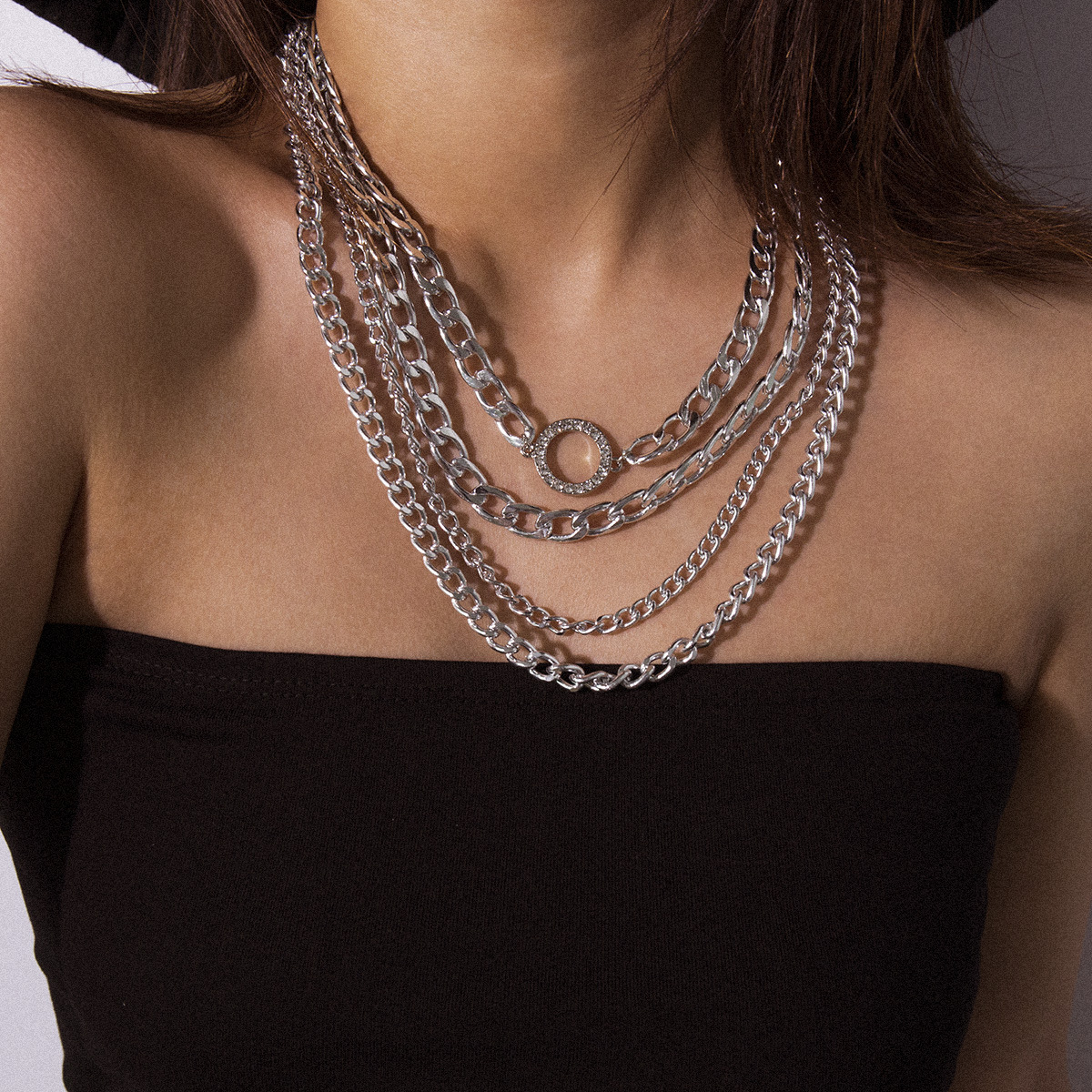 European and American cross-border jewelry, retro geometric mixed multi-layer necklace, female personality punk chain, round micro-inlaid necklace details Picture