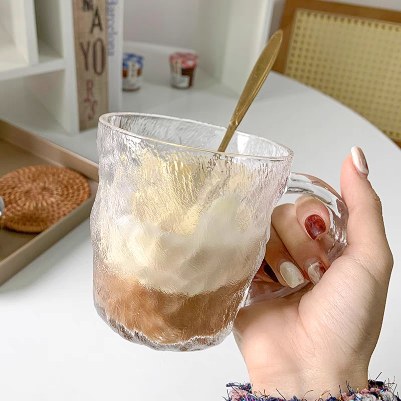 Glacier patterned glass cup, ins style with handle, high appearance level cup, summer home frosted high-end drinking cup details Picture