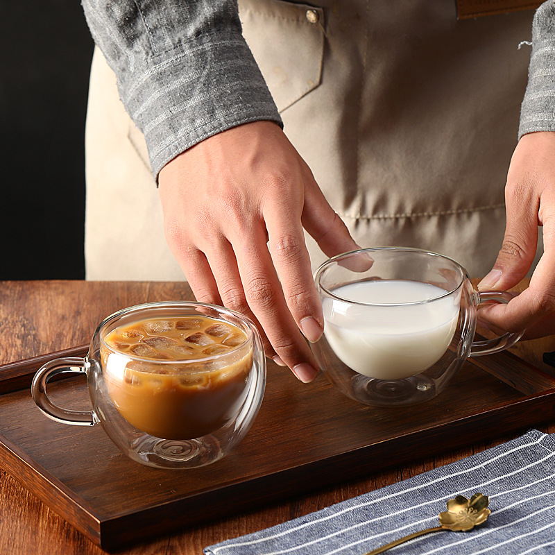 Double-layer glass cup, high borosilicate milk juice coffee mug, office egg-shaped cup with handle, straw full figure