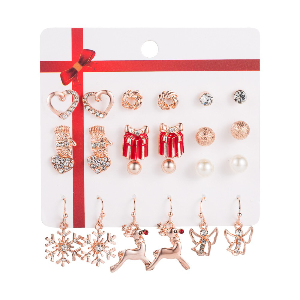 Christmas set earrings, Santa Claus oil-dripping earrings, bells, Christmas tree earrings, 12-piece set, card-mounted earrings for women Item Picture