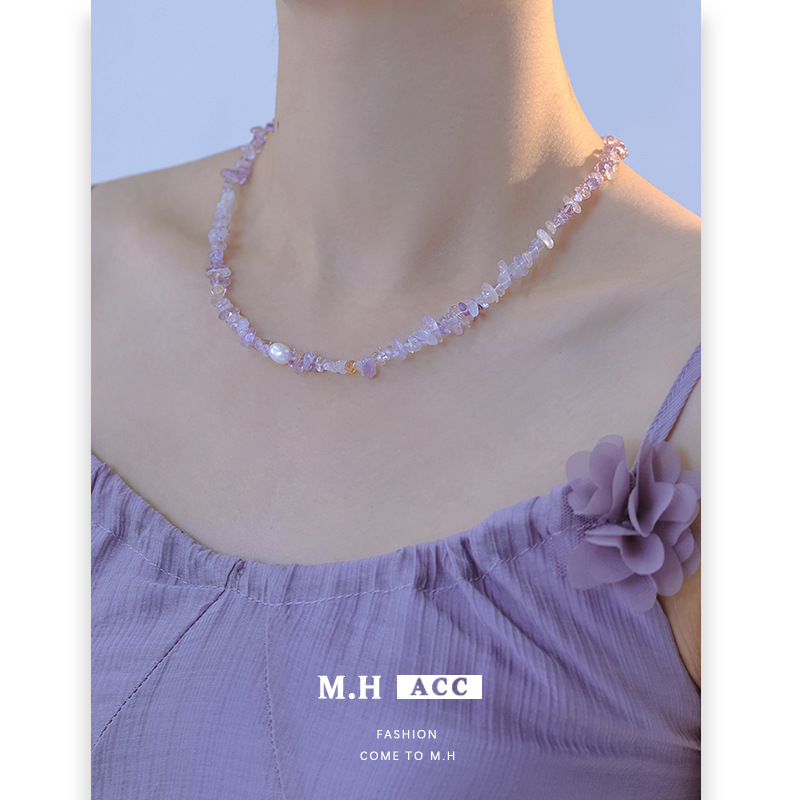 Amethyst pearl necklace for women, fashionable, retro, niche, light luxury, simple and elegant, high-end collarbone chain accessory wholesale full figure