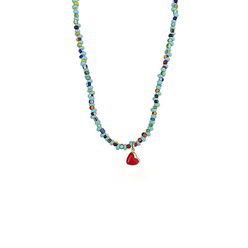 Summer new blue beaded necklace, red heart niche collarbone chain, unique design sense, Instagram-style Korean version for girls ~ Item Picture