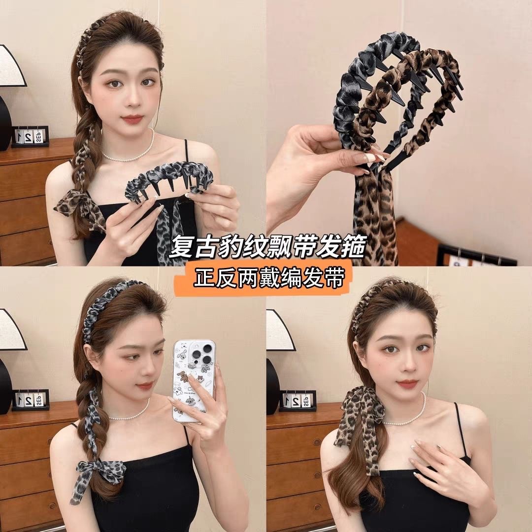 Rear-wear leopard print ribbon headband for women, 2025 new high top wavy hairpin, elegant and stylish one-piece headband details Picture