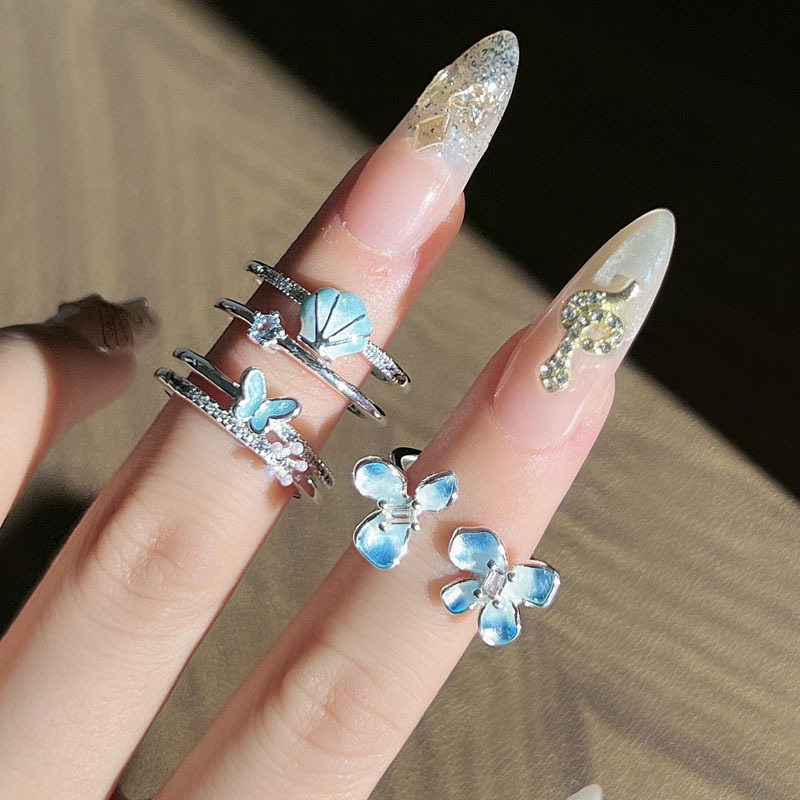 Blue butterfly flower language layered cream style gradient blue dynamic flower butterfly ring for women's fashionable cold style index finger ring details Picture