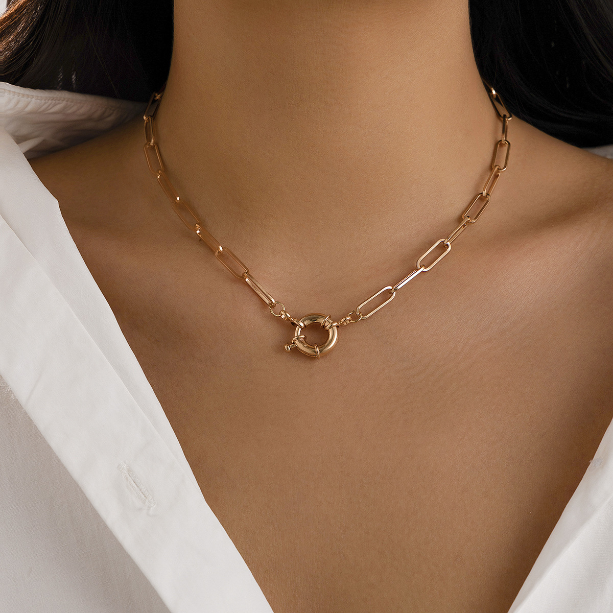 European and American cross-border jewelry geometric spring buckle NK copper chain necklace, unique and simple flat snake chain collarbone neck chain for women details Picture