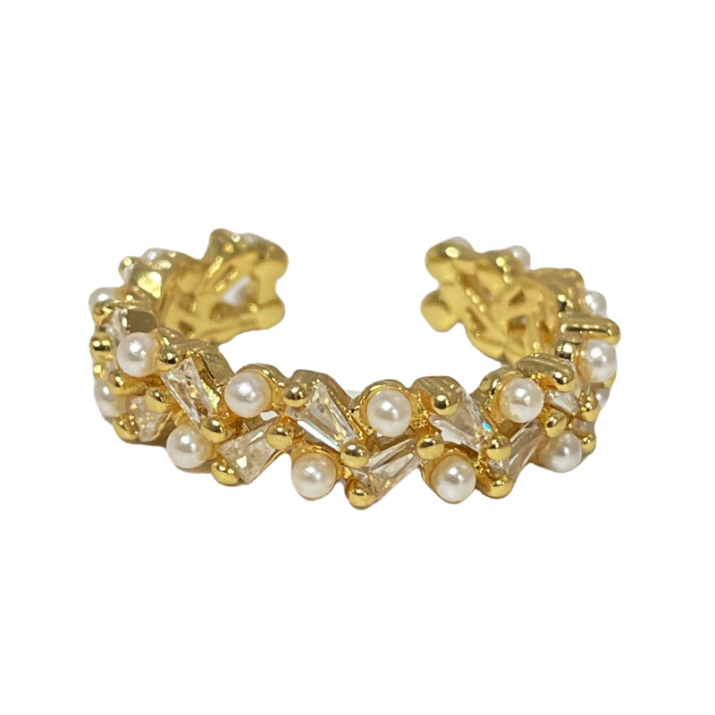 Double-row pearl zircon ring for women, light luxury, niche design, high-end, simple, individual, fashionable and exquisite open ring Item Picture