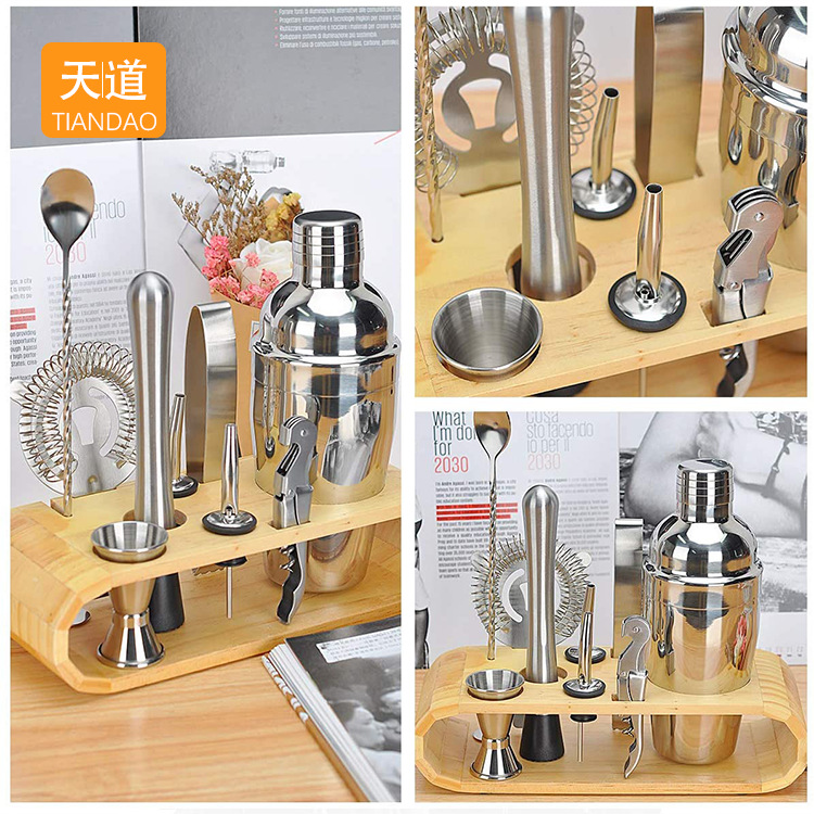 Cross-border stainless steel cocktail shaker set, European cocktail shaker glass, cocktail mixing tools, shaker glass with bamboo and wood stand Application Scenario