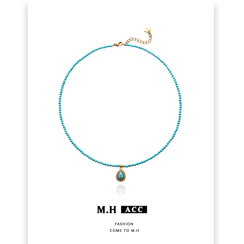 New turquoise beaded titanium steel necklace, women's artistic retro collarbone chain, ins light luxury niche original necklace wholesale Application Scenario