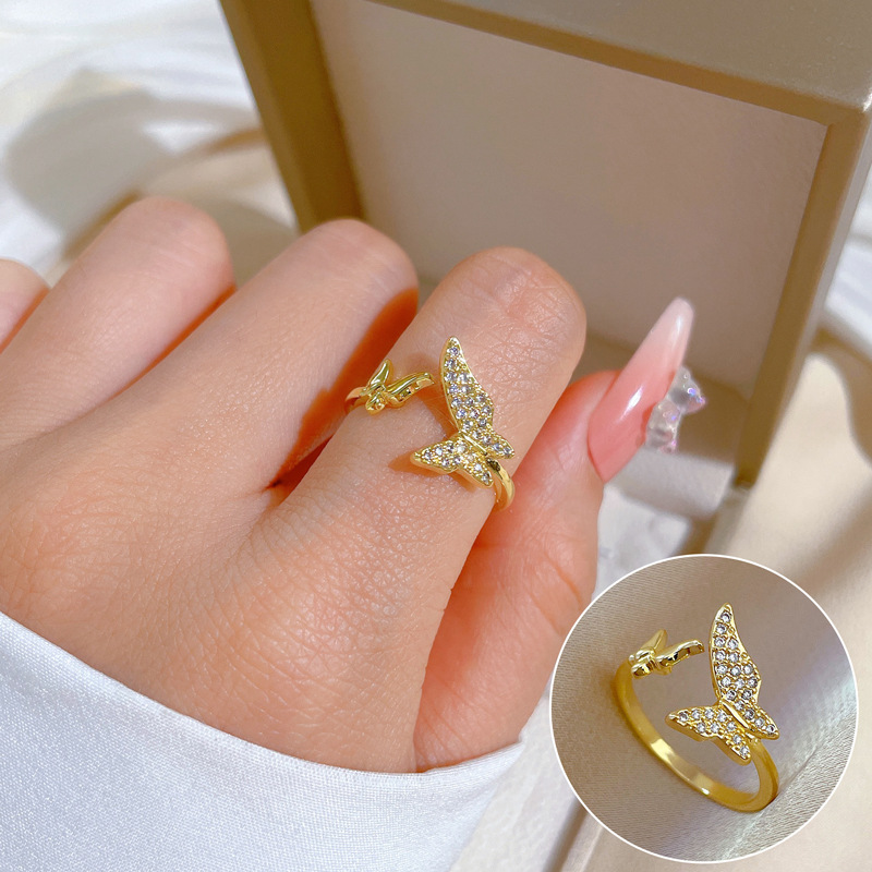 【 Real gold electroplating 】 Open butterfly female fashion micro-inlaid light luxury ring index finger ring, the same style as Internet celebrities, cold style full figure