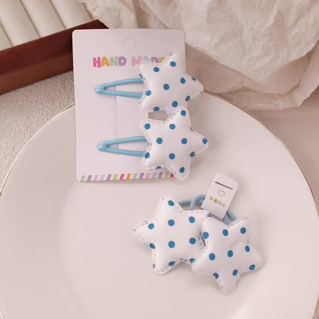 Summer blue polka dot star hair clips, sweet girl ponytail rubber band bb clips, high appearance level bangs clips, children's hair clips details Picture