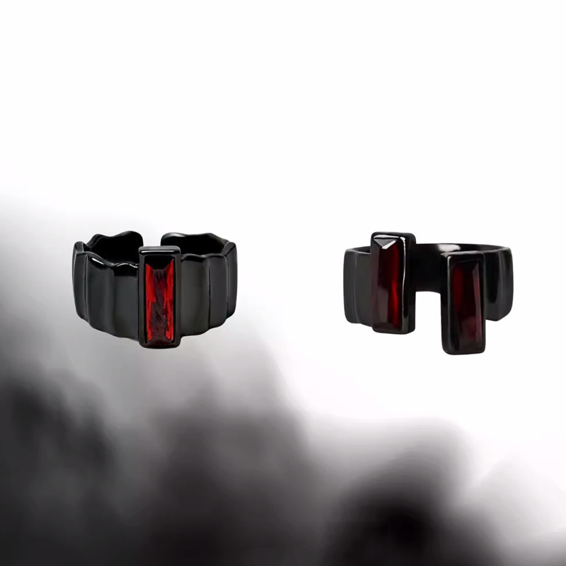 A unique and trendy punk design from Europe and America, featuring a red zircon open ring and a dark, gender-neutral couple ring Application Scenario