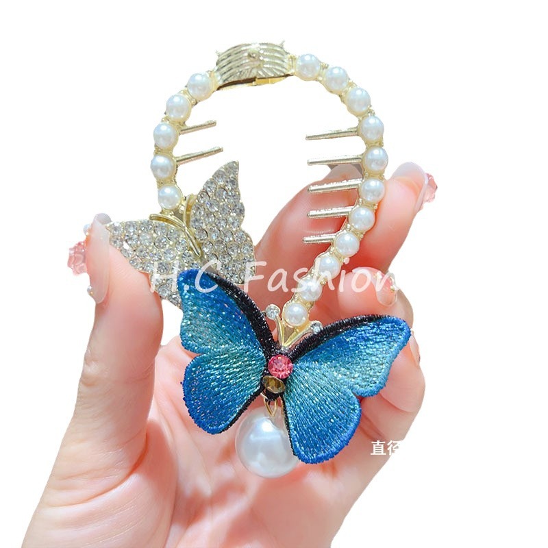 New high-end and light luxury hair accessories, elegant bun hair clips, hand-embroidered butterfly pearl ponytail clips Item Picture
