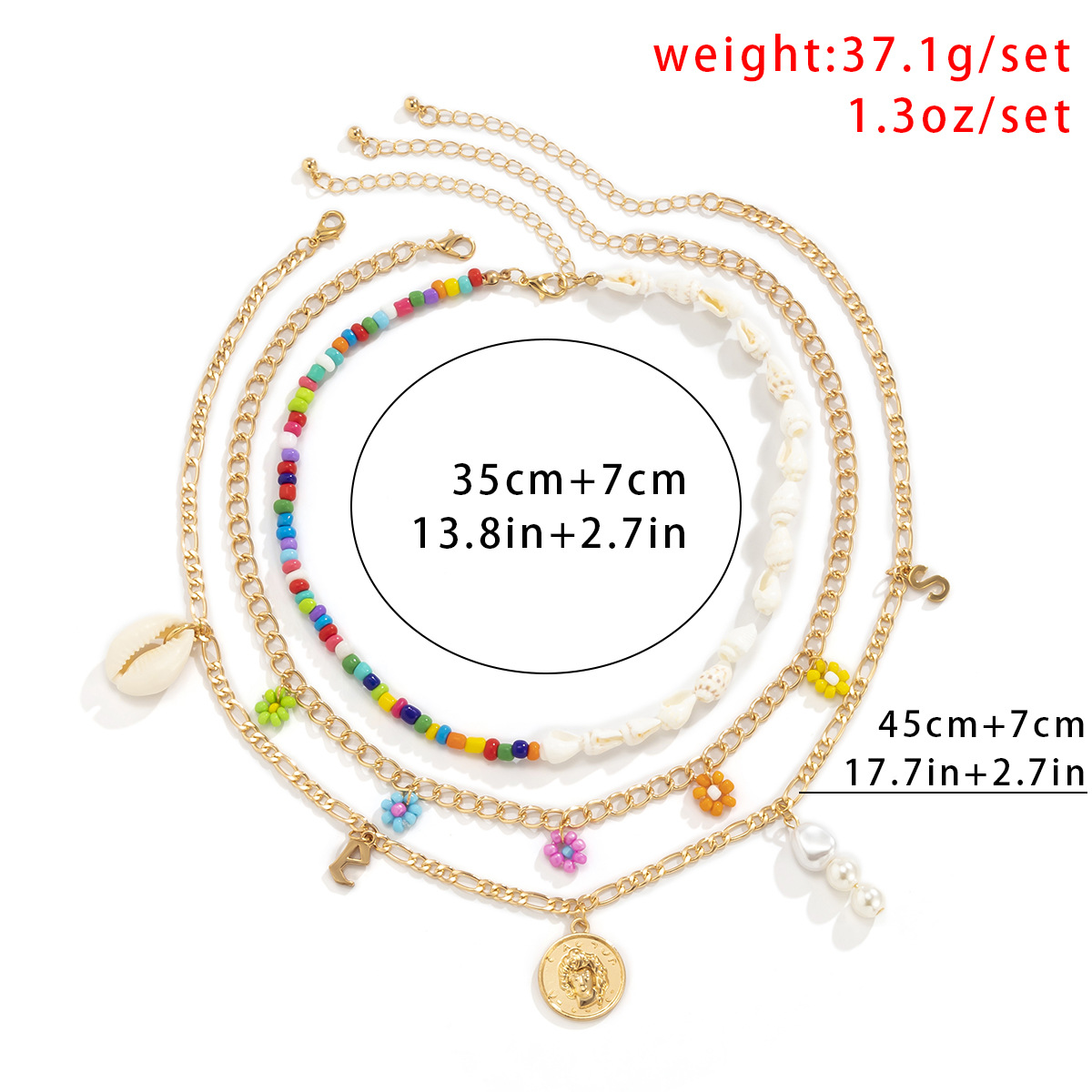 European and American pastoral patchwork asymmetrical shell imitation pearl necklace, retro geometric letter contrasting color Daisy rice bead necklace Application Scenario