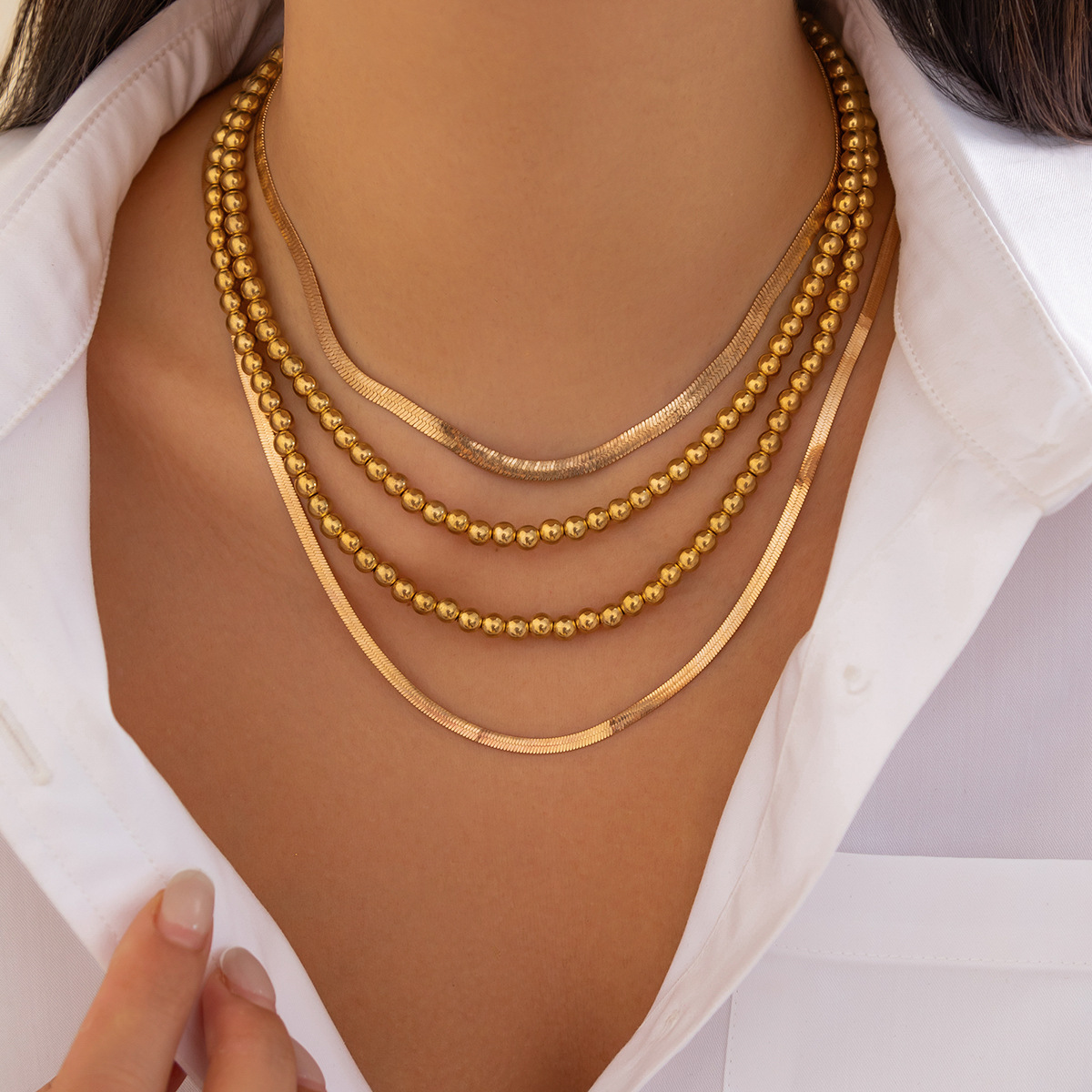 European and American cross-border jewelry hip-hop style beaded flat snake chain necklace set, geometric metallic chain collarbone chain details Picture