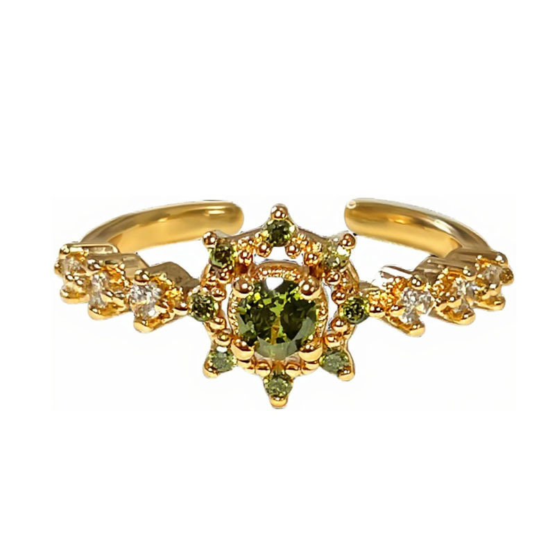 Retro champagne gold, forest-themed olive green diamond layered ring for women, small small diamonds, unique and elegant, high-end ring trend Item Picture