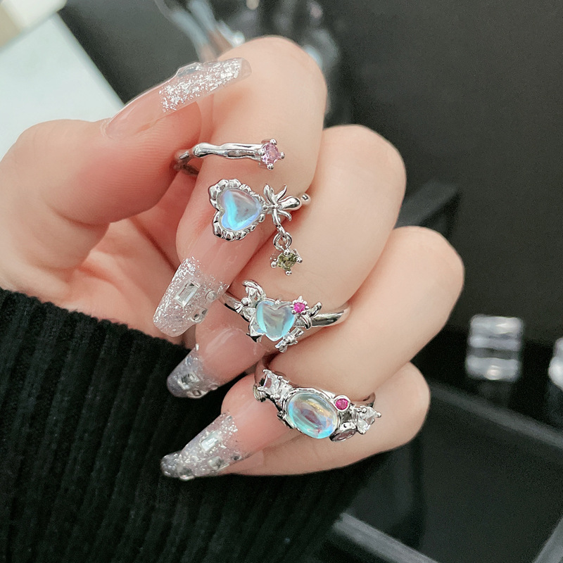 Sweetheart, colorful heart, bow, moonstone open ring, a sweet, cool, fashionable and cold style niche ring for female students full figure