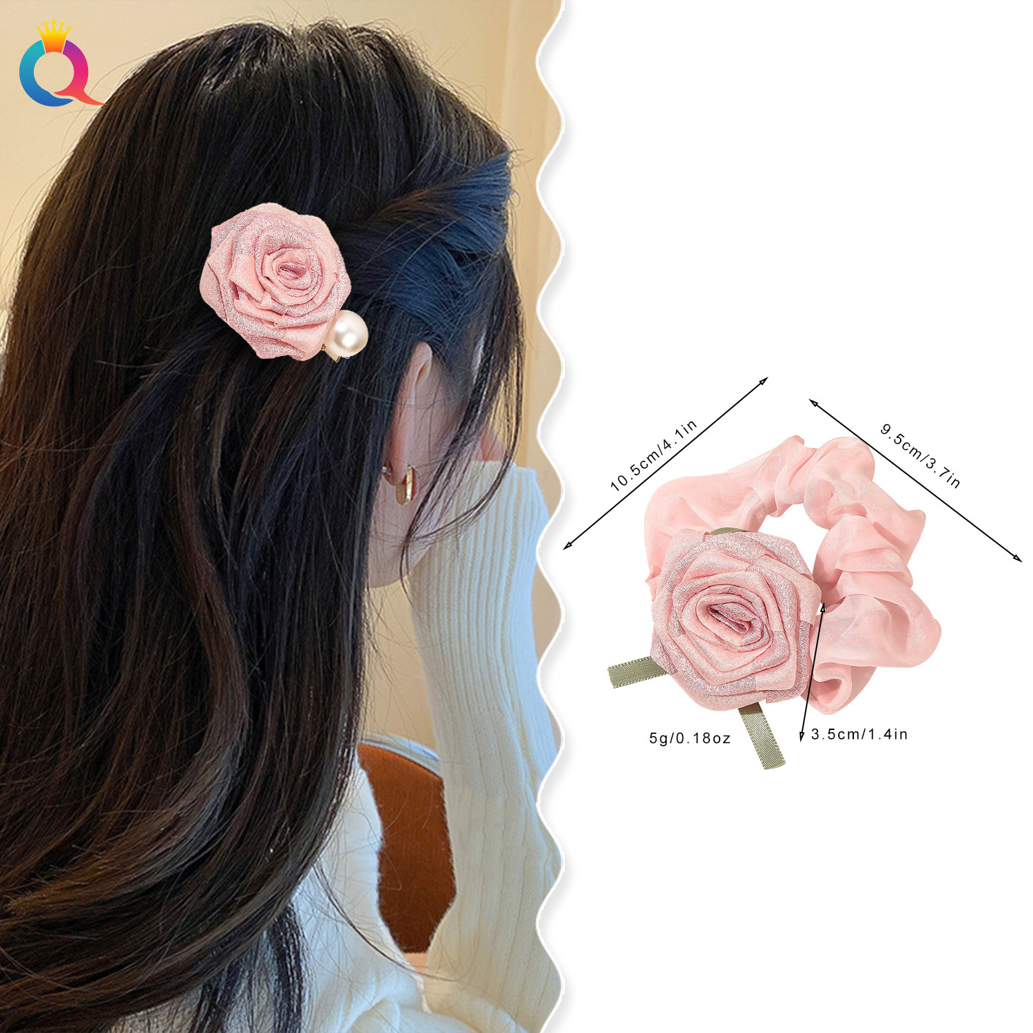 Wholesale of high-end hair accessories from Qiyue Flower Hair clips, mesh rose and pearl grab hair bands, hair flower large Intestine hair bands details Picture