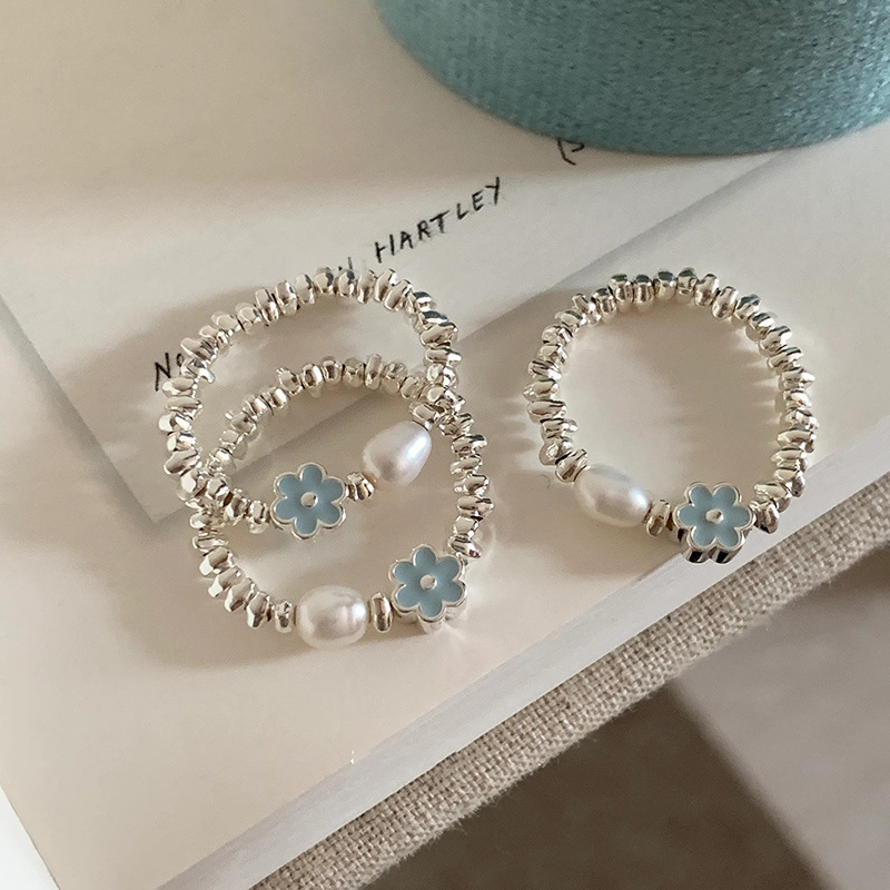 This light and fresh blue glazed flower pearl silver ring is a unique design for women, simple and versatile, with a high-end feel details Picture