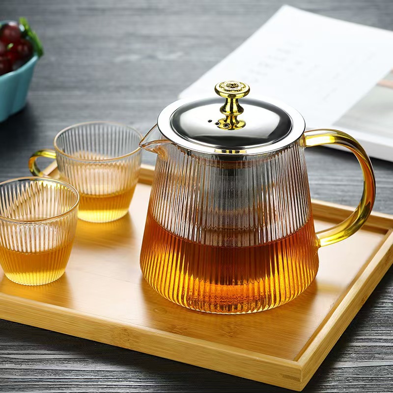 Clearance household tea set: Thickened high borosilicate striped tea brewing kettle, steel filter kettle, glass teapot full figure