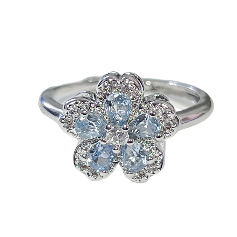 Korean-style high-end, light luxury, sea blue zircon, exquisite flower heart, fashionable ring, cold female style, niche ring trend Item Picture