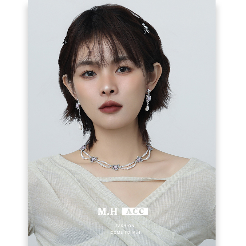 2024 New stylish and versatile purple heart-shaped necklace, ins high-end, original and niche neck collarbone chain wholesale details Picture