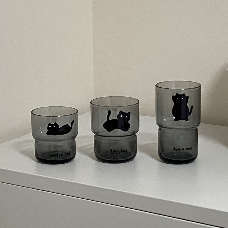 A unique homemade black cat tempered glass cup, a high-temperature resistant water cup gift from Korean Instagram, and a stackable cold drink cup Specification drawing