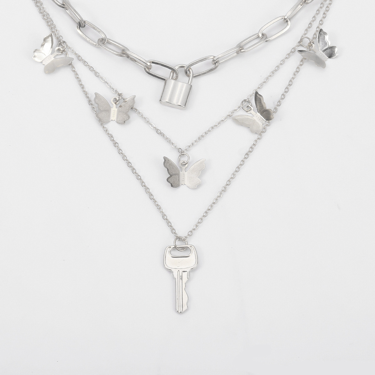 Fashionable butterfly multi-layer necklace, European and American cross-border creative lock-shaped alloy jewelry, simple key necklace details Picture