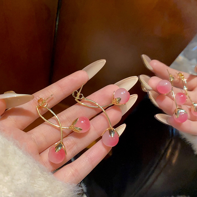 Korean sweet pink cherry earrings, super fairy-like, versatile, cute and elegant back-hanging stud earrings, best-selling earrings wholesale Specification drawing