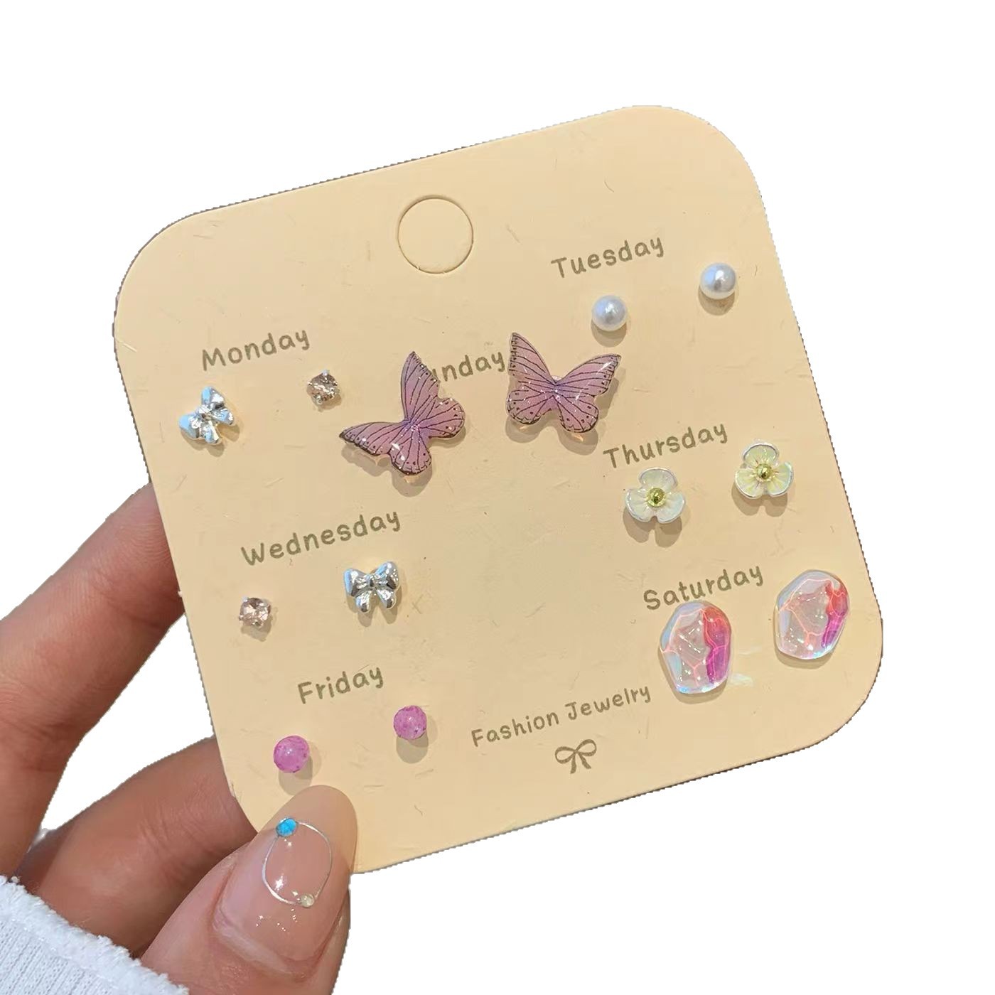 Summer Colorful butterfly flower Pearl one-week stud earrings set, small, exquisite, sweet and high-end women's silver needle earrings Item Picture
