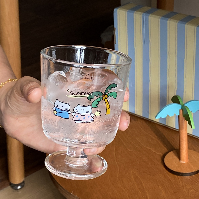 ins cute cartoon summer coconut tree cat tall cup, niche and simple milk cup, dessert cup, Chinese style Application Scenario