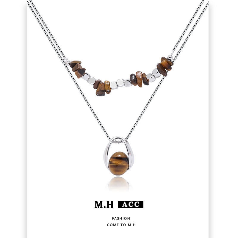 Double-layer layered tiger's eye necklace accessory, a retro and high-end women's long collarbone chain, a light luxury original and elegant necklace Specification drawing