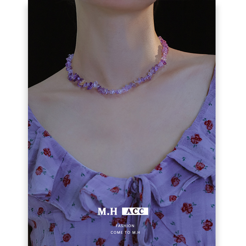 Korean retro amethyst beaded necklace accessory for women, fashionable and niche design, high-end collarbone chain and neck chain Specification drawing