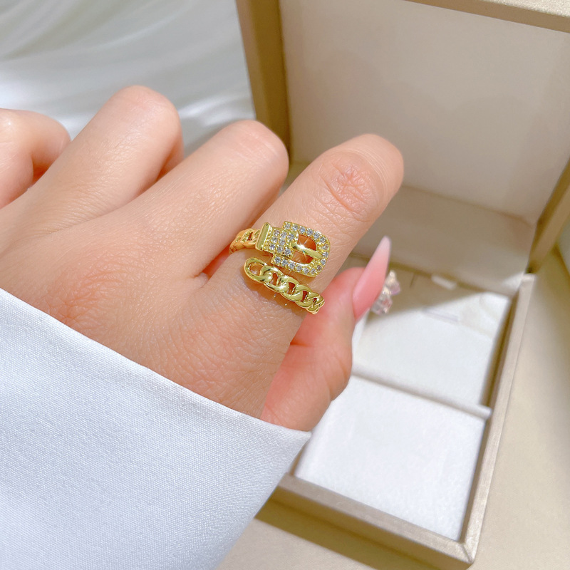 【 Real Gold 】 Chain, belt, full diamond ring, adjustable opening, simple Japanese-style bracelet, couple rings details Picture