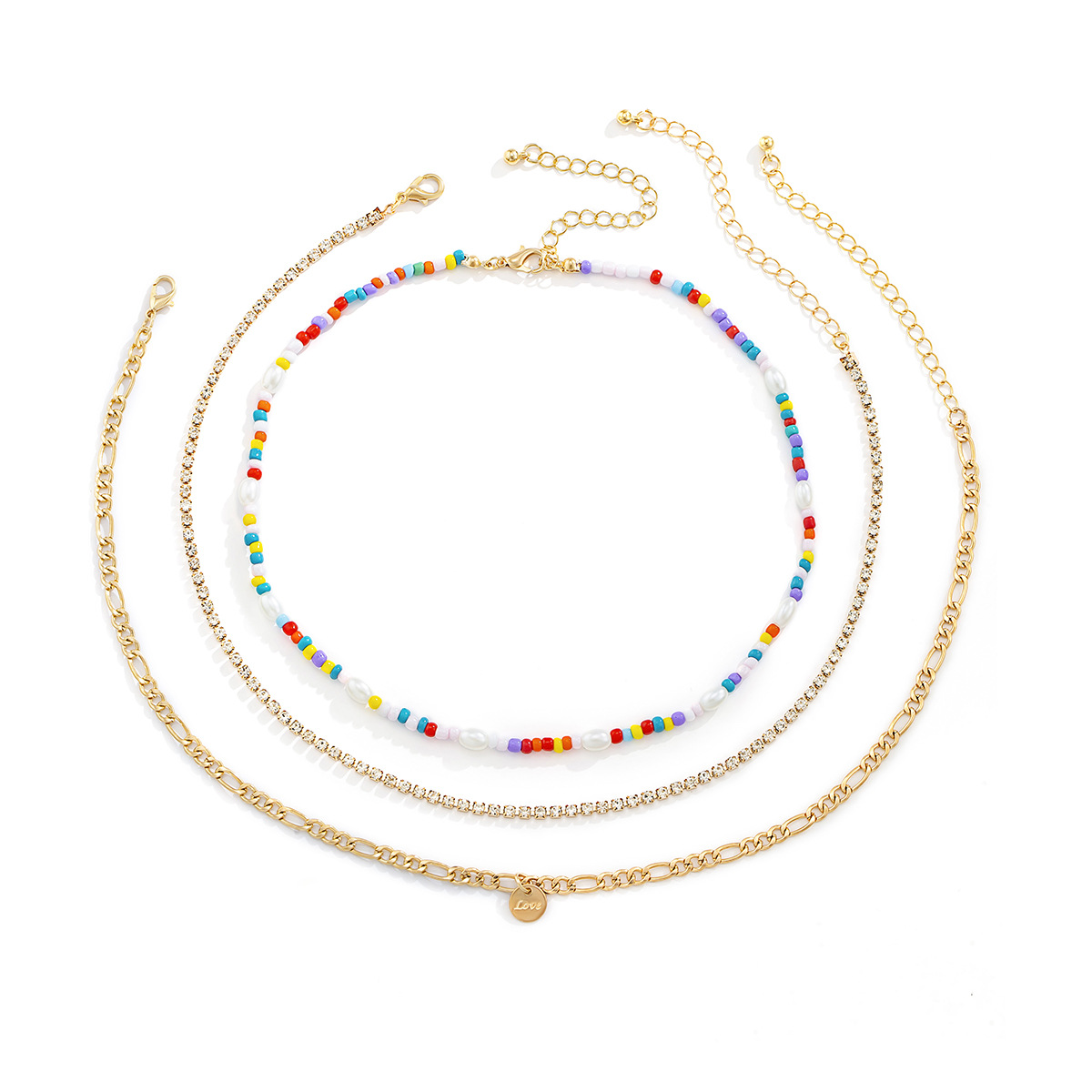 European and American fashionable colorful rice beads layered ethnic style collarbone chain necklace, personalized geometric round claw chain retro necklace Item Picture