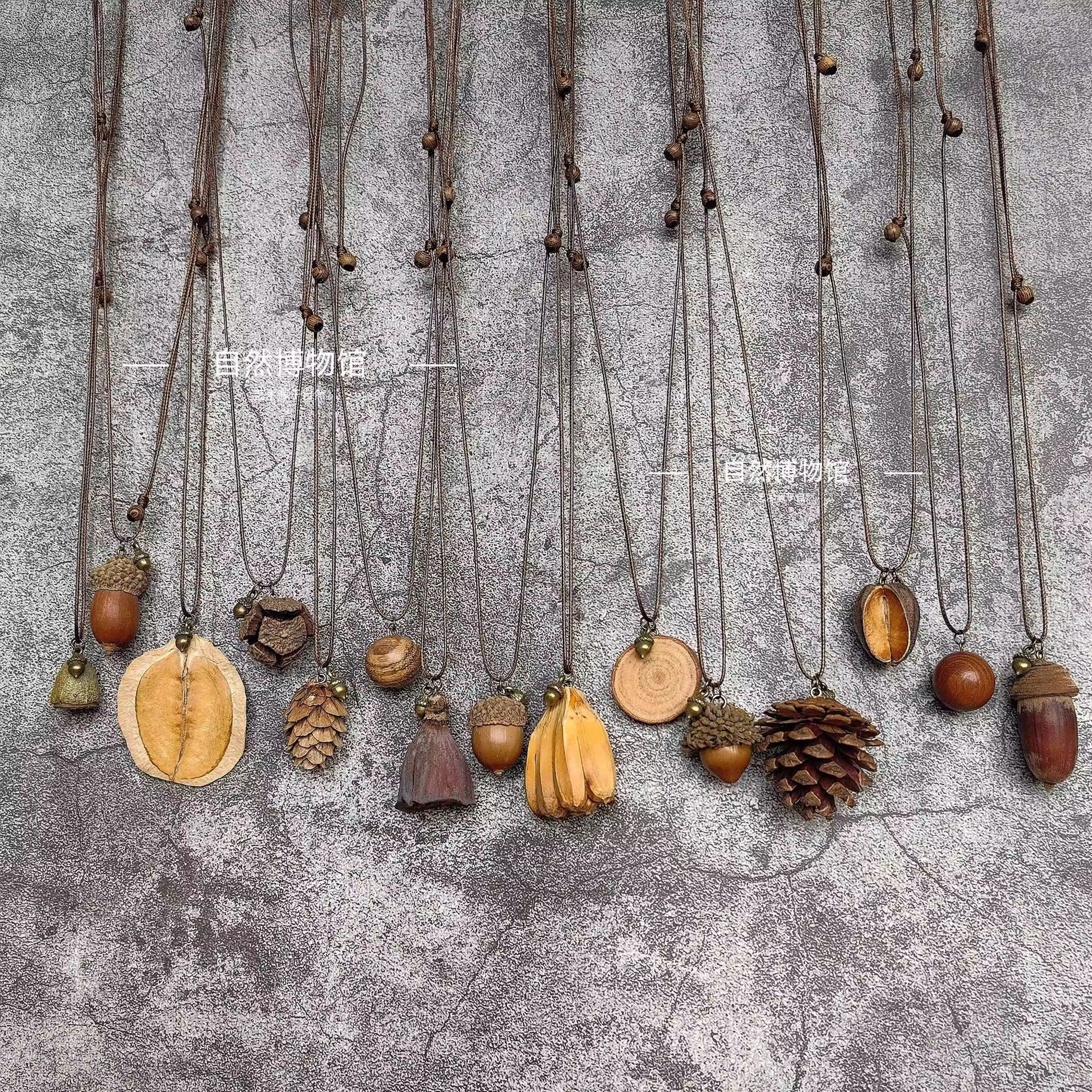 Natural fruit necklace, plant wood forest-themed wax rope, adjustable creative design pendant, sweater chain, collarbone chain full figure