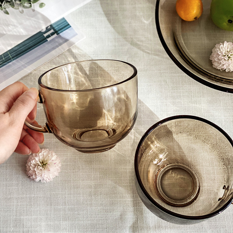 Transparent milk cup, simple tea-colored glass oatmeal breakfast cup, household small bowl milk cup, oatmeal cup, laser logo Specification drawing