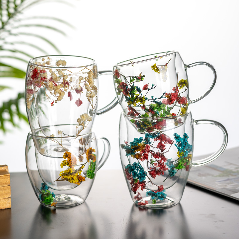 Double-layer coffee cups, household glass cups, high-temperature resistant and anti-scald water cups, dried flower mugs, exquisite latte cups wholesale full figure