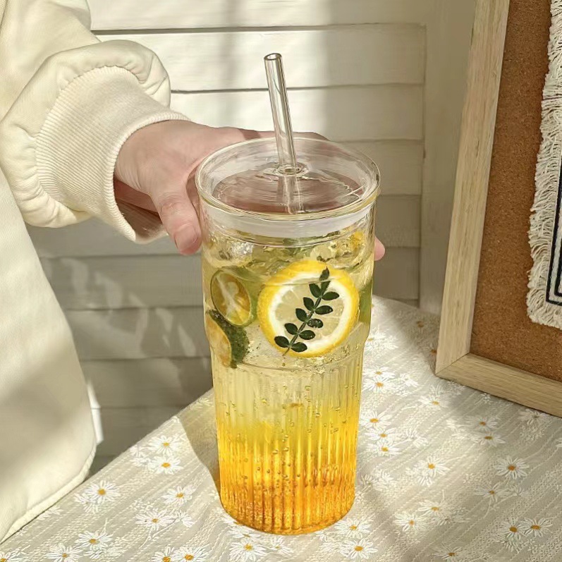 Ins-style vertical striped glass cup for drinking, with lid, high appearance level, household milk cup, summer large-capacity water cup Specification drawing