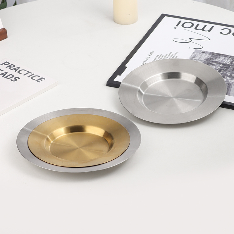 Nordic stainless steel cake and dessert plates, flat-edge vegetable plates, round plates, restaurant trays, ins grilled meat snack plates, steak plates Specification drawing