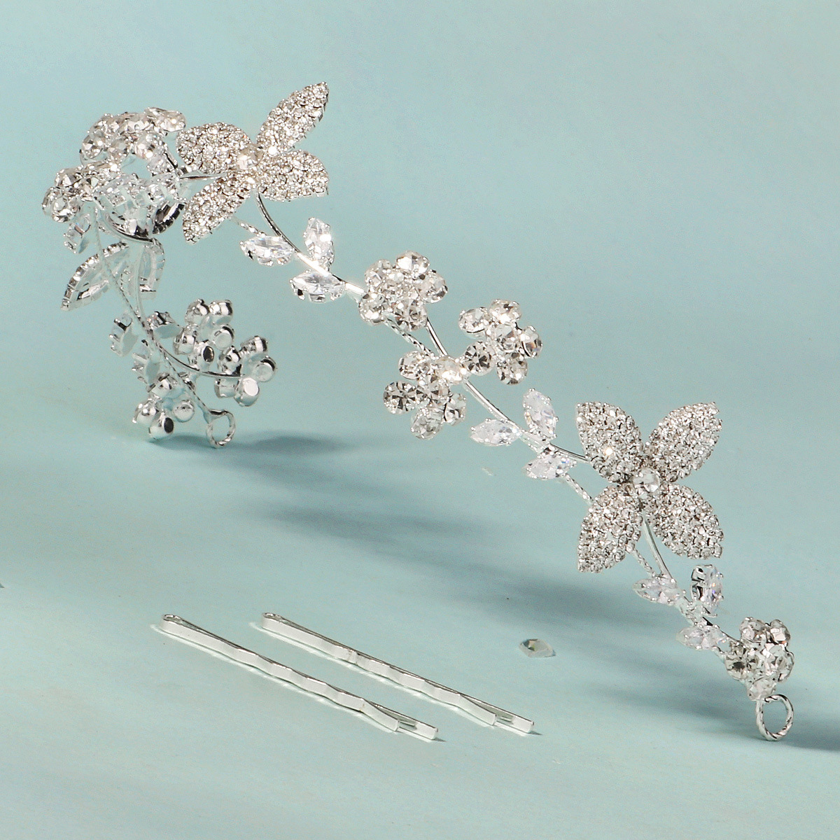 High-end foreign trade bride hair accessories, water diamond claw chain hair band, women's wedding party accessories, zircon leaf and flower hair band Specification drawing