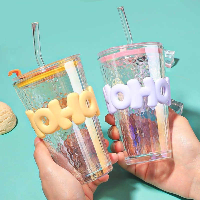 Colorful ins high-appearation-level glass water cup, large-capacity high-temperature resistant girl letter cup with lid, cold brew straw cup full figure