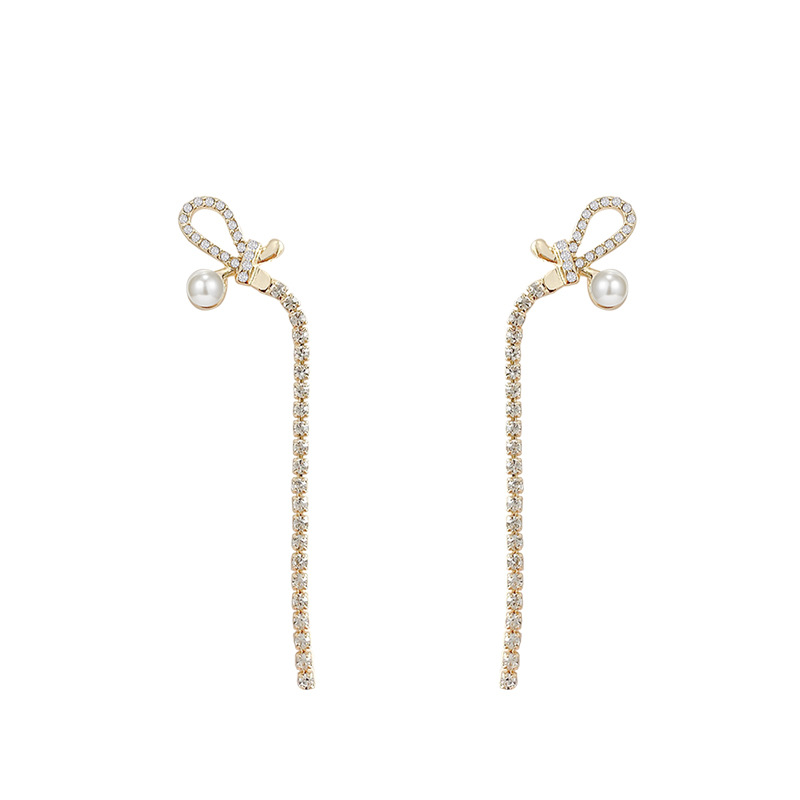 Exquisite micro-inlay bow tassel earrings for women, new design sense, popular pearl stud earrings, best-selling earrings Item Picture