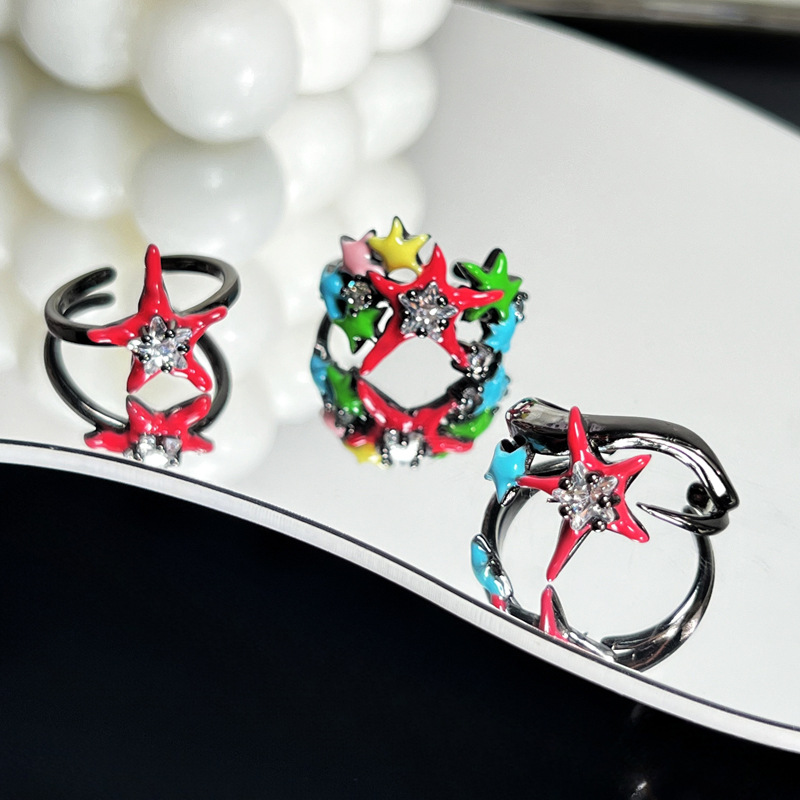 Dark dark style colored drip glaze starlight sweet and cool open ring, dopamine spice girl fashionable, individual and exquisite index finger ring full figure