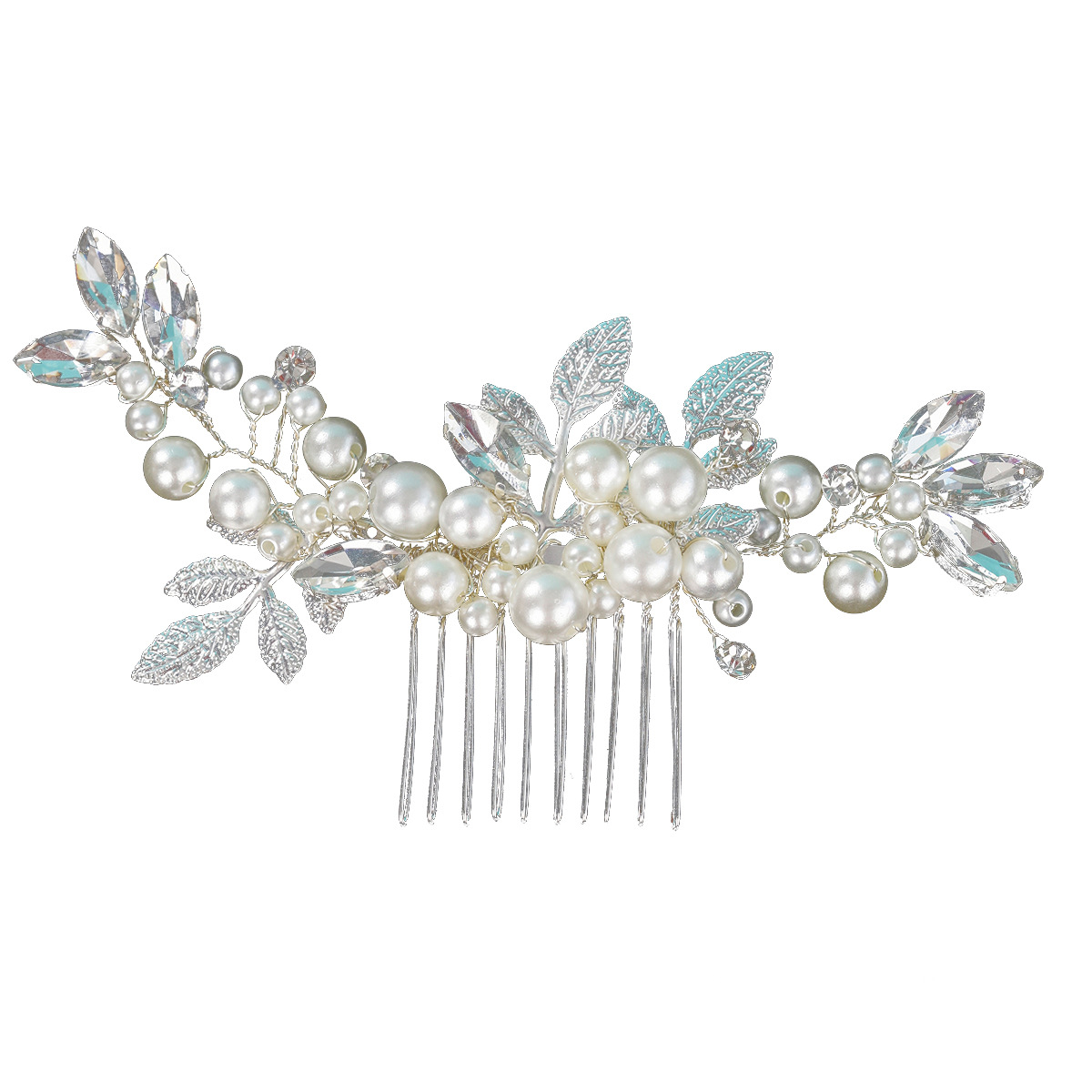 A new handcrafted bride's hair comb for foreign trade, a photo style wedding bun, a beautiful silver leaf pearl insert comb Item Picture