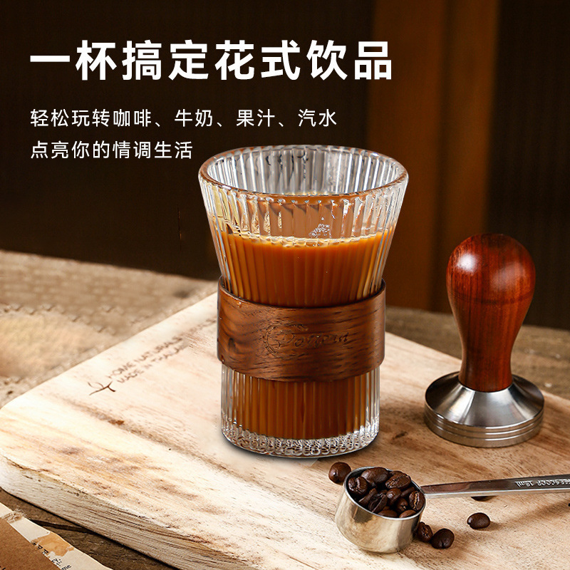 Household high-appearance-level coffee cups, transparent heat-insulating glass cups, office vertical pattern water cups, Japanese-style cups with cup sleeves Specification drawing