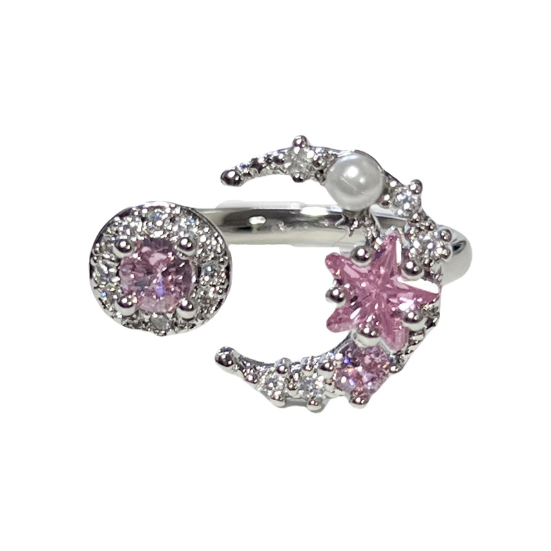 A sweet and stylish fishtail fashion ring with a touch of elegance, a light luxury and cold style for women, a star and moon pink diamond index finger ring Item Picture