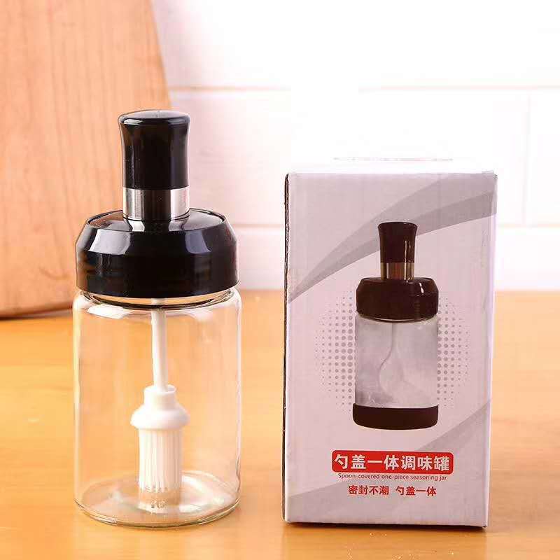 Seasoning box, glass salt jar, household spoon lid, integrated seasoning jar, kitchenware, seasonings, sealed moisture-proof glass set details Picture