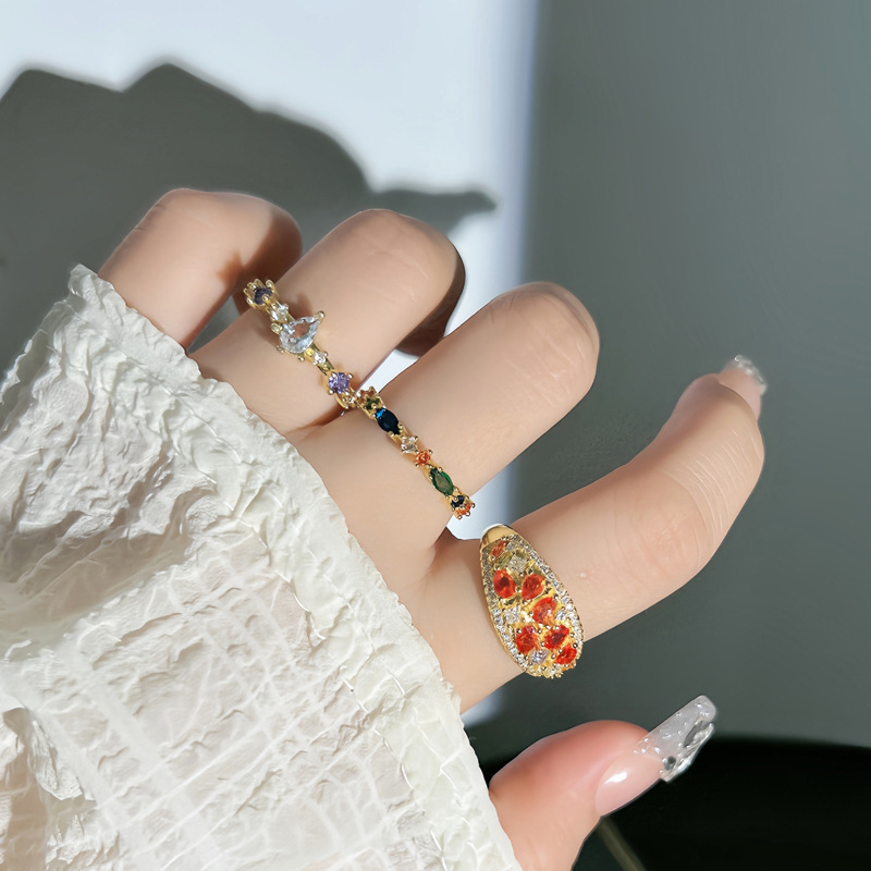 Forest-themed, fresh and light luxury water-drop colored diamond open-mouth ring, a niche and cold style for women, a sweet and cool Hong Kong style ring trend Specification drawing