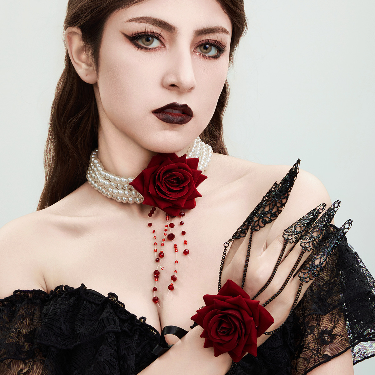 European and American cross-border jewelry sweet and cool style rose multi-layer pearl necklace, personalized tassel imitation blood drop collarbone chain full figure