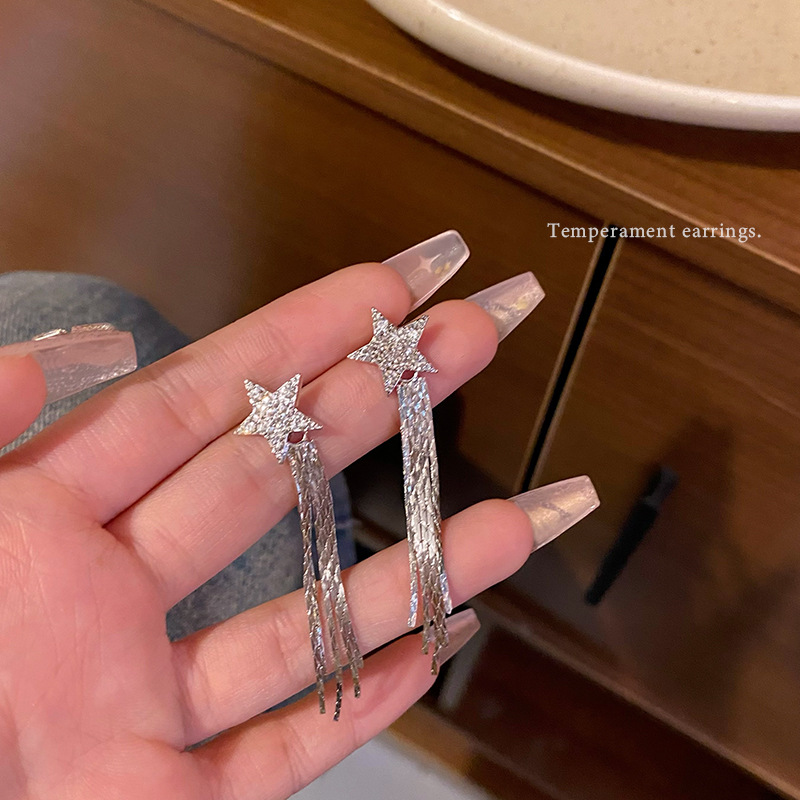 Five-pointed star tassel earrings for women, exquisite micro-inlaid zircon long stud earrings, versatile and high-end best-selling earrings wholesale full figure